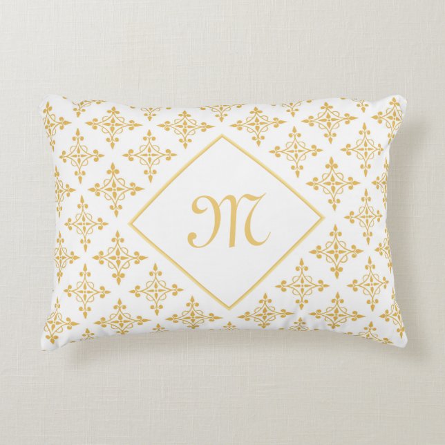 Blommigten Luxury Monogram White och Guld Quatre Prydnadskudde (Framsidan)