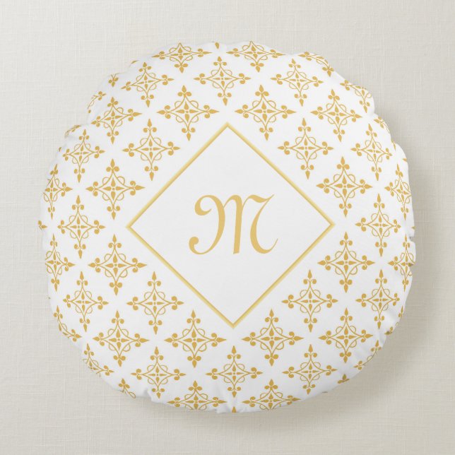 Blommigten Luxury Monogram White och Guld Quatre Rund Kudde (Framsidan)