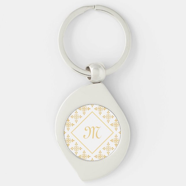 Blommigten Luxury Monogram White och Guld Quatre Swirl Silverfärgad Nyckelring (Framsidan)