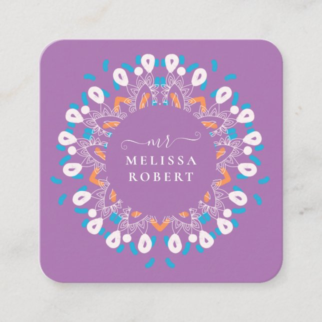 Blommigten Mandala Marble Lila  Fyrkantigt Visitkort (Framsida)