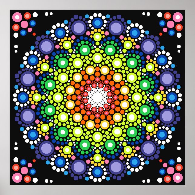 Blommigten Mandala Retro Hippie Dots Poster (Framsidan)