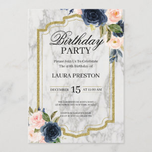 Blommigten Marble Birgday och Rosa Inbjudningar