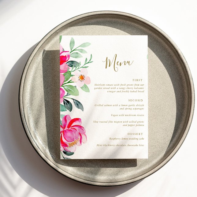 Blommigten  med Rosa vattenfärg redigerbar Bröllop Meny (Skapare uppladdad)