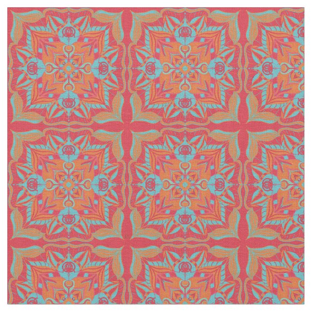 Blommigten Mediterranean Azulejo Coral Tyg (Närbild)