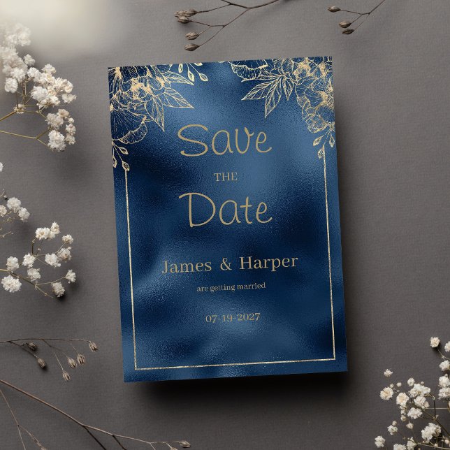 Blommigten Metallblått övertoning guld Spara datum Inbjudningar (Metallic blue gradient gold floral Save the Date)