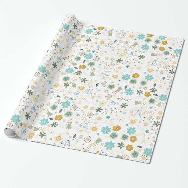 Blommigten Mint Blue Gult Chic Birthday Presentpapper (Utrullad)