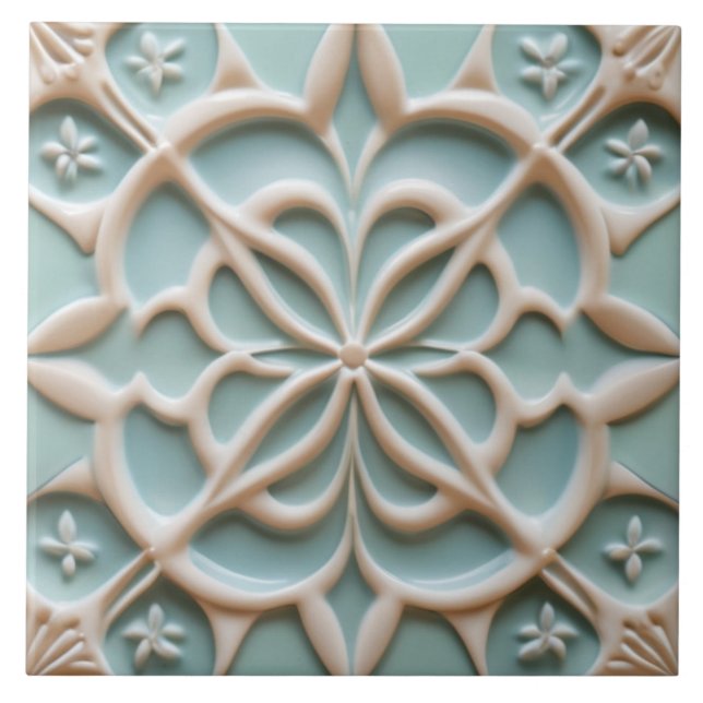 Blommigten Mint Blue & White Flower Faux Relief Bo Kakelplatta (Framsidan)