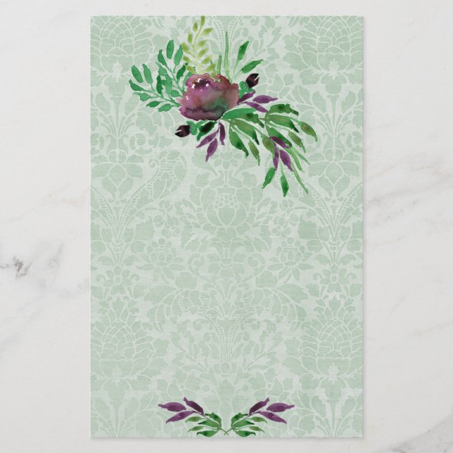 Blommigten Mint Grönt Damask (5,5 x 8,5 tum) Brevpapper (Framsida)