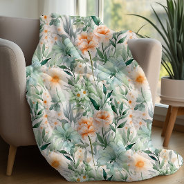 Blommigten Mint Grönt  Peach Vår Watercolor Fleecefilt