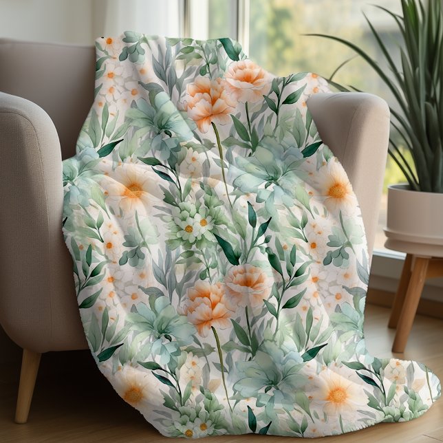 Blommigten Mint Grönt  Peach Vår Watercolor Fleecefilt (FLORAL MINT GREEN BLANKET)