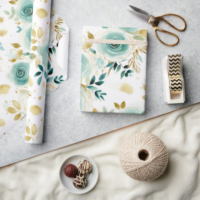 Blommigten Mint Grönt White Guld Ro Presentpapper (Hantverk)