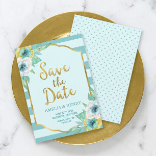 Blommigten Mint och Faux Guld Spara datumkortet Datumet