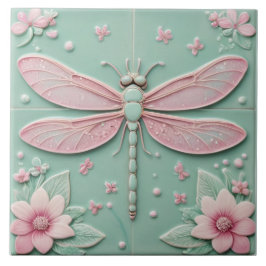Blommigten Mint & Rosa Dragonfly och Flowers Girly Kakelplatta