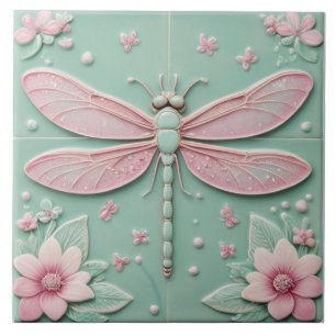 Blommigten Mint & Rosa Dragonfly och Flowers Girly Kakelplatta