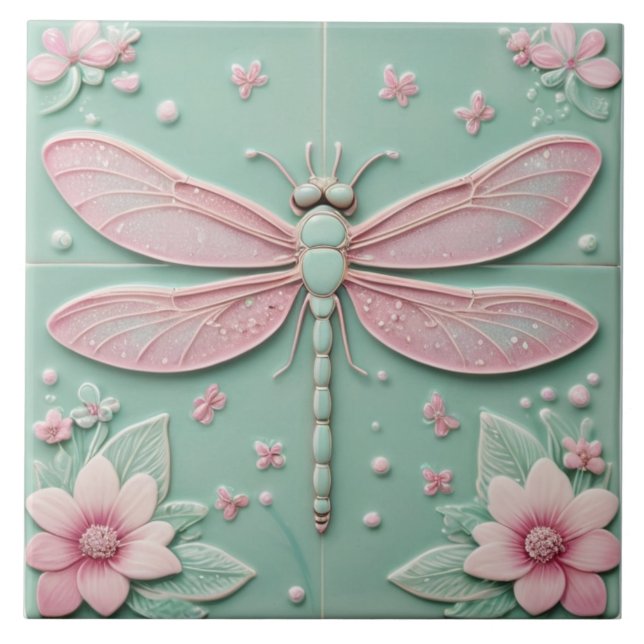 Blommigten Mint & Rosa Dragonfly och Flowers Girly Kakelplatta (Framsidan)