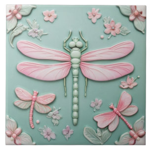 Blommigten Mint & Rosa Dragonfly och Flowers Girly Kakelplatta