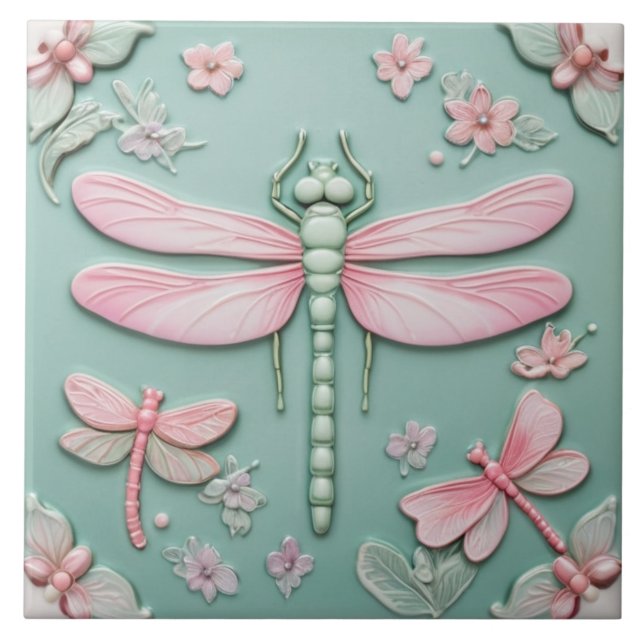 Blommigten Mint & Rosa Dragonfly och Flowers Girly Kakelplatta (Framsidan)