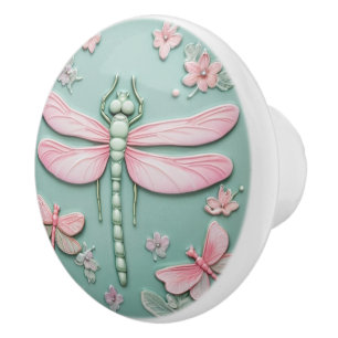 Blommigten Mint & Rosa Dragonfly och Flowers Girly Knopp