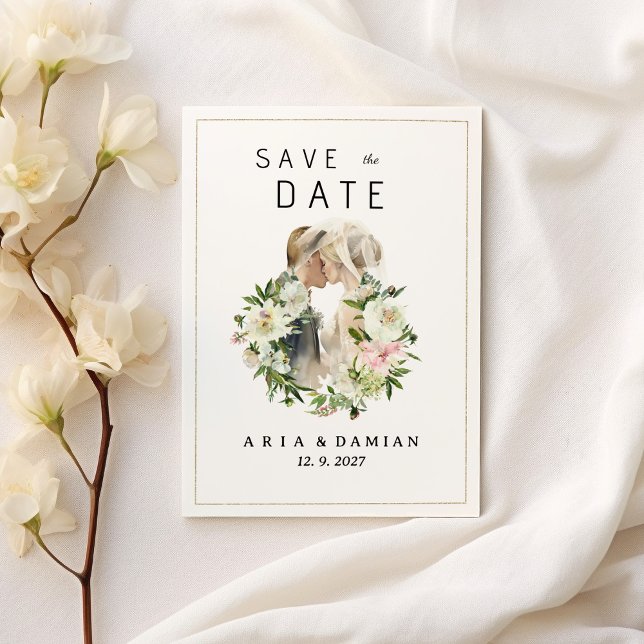Blommigten Mint rosa vit med foto Spara datum Inbjudningar (Mint pink white floral couple photo Save the Date)
