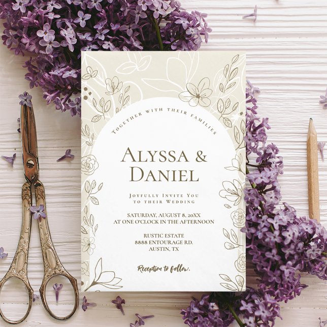 Blommigten Modern Arch Neutralt Löv Bröllop Inbjudningar (Modern minimalist arch Floral leaves Wedding invitation)