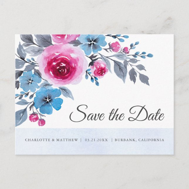 Blommigten Modern blå Rosa - vattenfärg Spara datu Meddelande Vykort (Framsida)