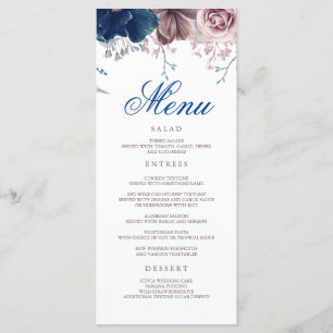 Blommigten Modern Bröllop Menus i marinblått och M Program