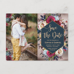 Blommigten Modern burgundy Navy Photo Save Date Meddelande Vykort
