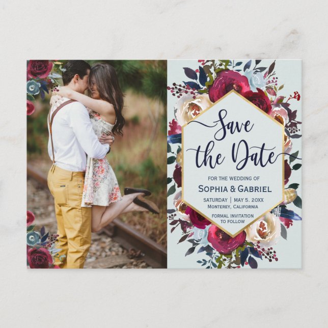 Blommigten Modern burgundy Navy Photo Save Date Meddelande Vykort (Framsida)