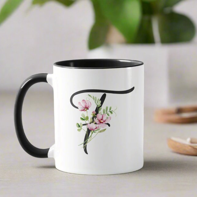 Blommigten Modern Elegant Black Script Initial "F" Mugg (Skapare uppladdad)
