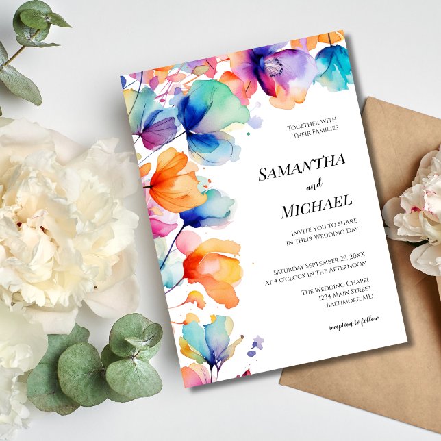 Blommigten Modern Elegant bröllop i Bright Waterco Inbjudningar (Bright Bold Watercolor Floral Modern Elegant Wedding Invitation)