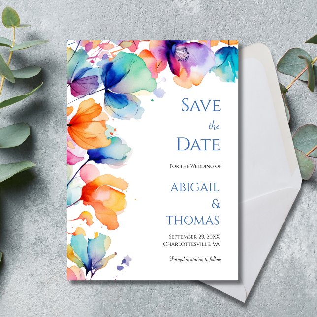 Blommigten Modern Elegant bröllop i Bright Waterco Spara Datumet (Bright Floral Watercolor Modern Elegant Wedding Save The Date Card)