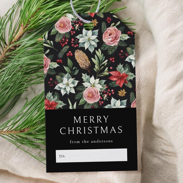 Blommigten Modern Elegant Mörk - jul Presentetikett (Skapare uppladdad)