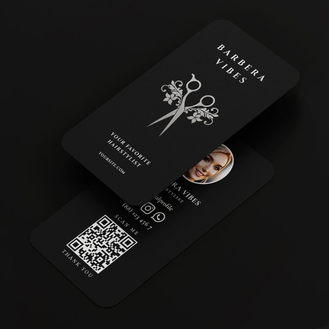 Blommigten Modern för Svart Silver-sax i Hair Styl Visitkort (Hair Stylist Black Silver Scissors Floral Modern Business Card
)