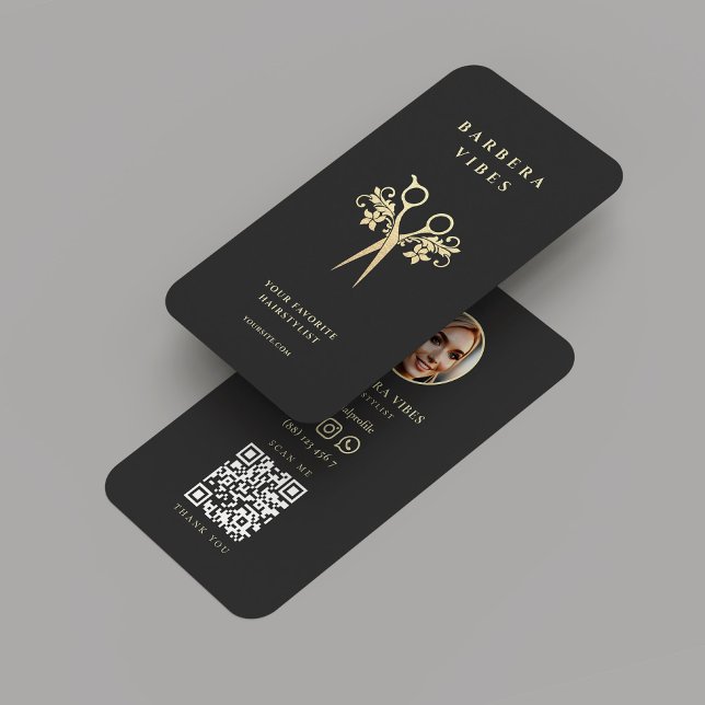 Blommigten Modern Hairstylist Black Guld Scissors Visitkort (Hairstylist Barbershop Black Gold Scissors Floral Business Card
)