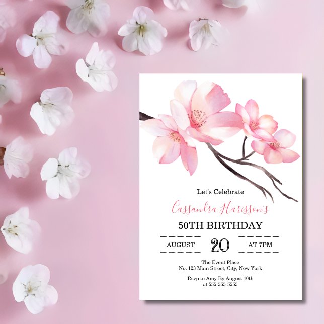 Blommigten Modern  Rosa Cherry Blommar Birday Inbjudningar (Skapare uppladdad)