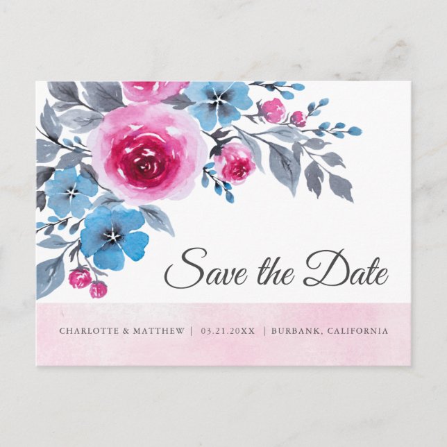 Blommigten Modern Rosa vattenfärg Spara datum Meddelande Vykort (Framsida)