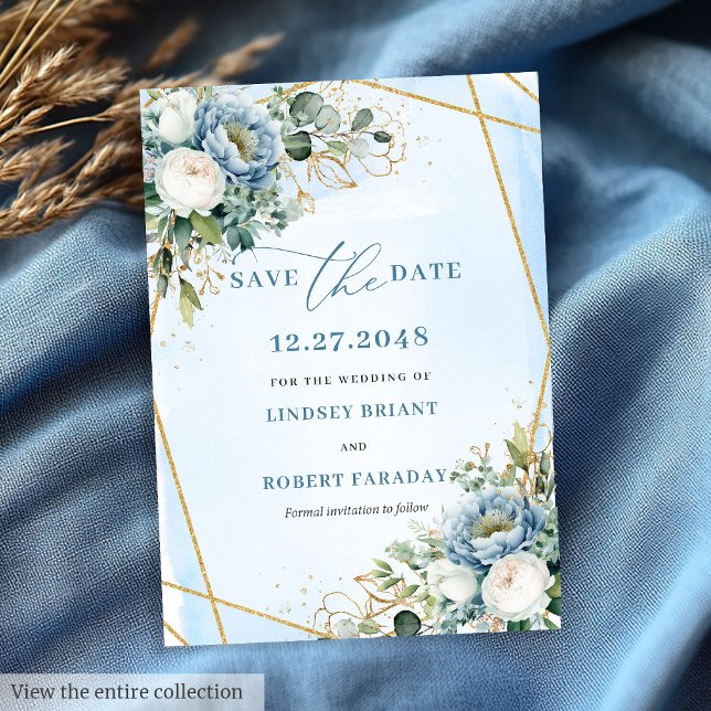 Blommigten Modern Rustic Dusty Blue White Guld Inbjudningar (Modern Rustic Dusty Blue White Gold Floral Save The Date)