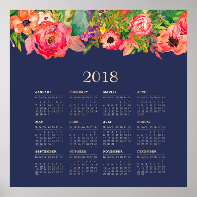 Blommigten Modern vattenfärg 2018 Kalender Poster (Framsidan)