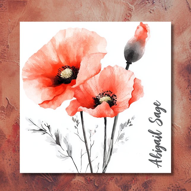 Blommigten Modern vattenfärgsdiskett Fyrkantigt Visitkort (Front - Modern Watercolor Poppy Floral Square Business Card)
