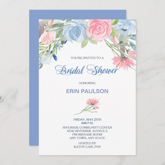 Blommigten Möhippa för vattenfärgsblått Rosa, Inbj Inbjudningar (Fram/baksida)