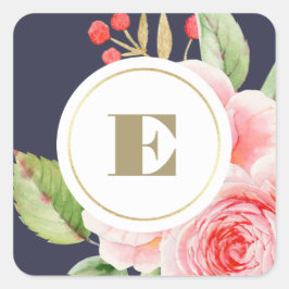 Blommigten Monogram Bröllop i marinblå vattenfärg Fyrkantigt Klistermärke