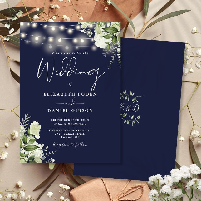 Blommigten Monogram Bröllop Ljus i marinblå sträng Inbjudningar (Navy Blue String Lights Floral Monogram Wedding Invitation)