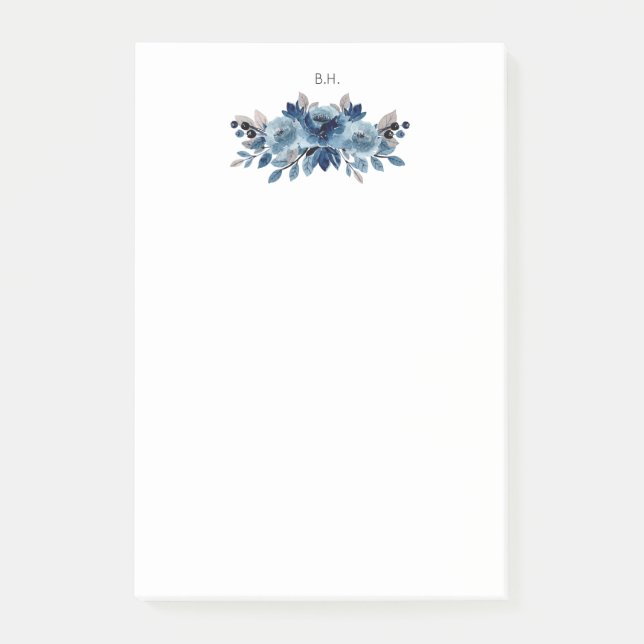 Blommigten Monogram Dusty Blue och Navy Post-it Block (Framsida)