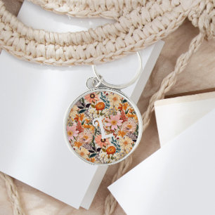 Blommigten Monogram  för bränd Orange i vintage Rund Silverfärgad Nyckelring