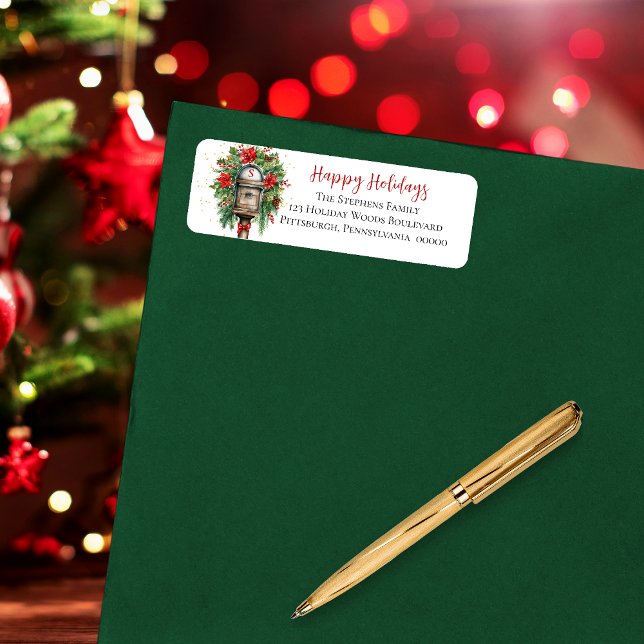 Blommigten Monogram för Glad helg-postlåda Returadress Etikett (Elegant Christmas "Happy Holidays" Mailbox Poinsettia Floral Return Address Label)