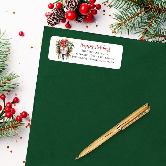 Blommigten Monogram för Glad helg-postlåda Returadress Etikett (Elegant Christmas Holiday Mailbox Poinsettia Floral Return Address Label)