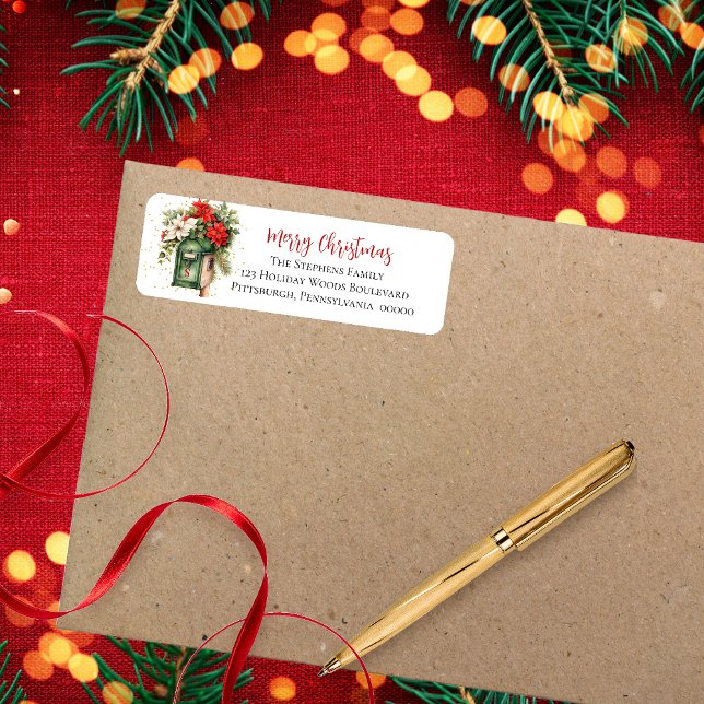 Blommigten Monogram för Helgdag-postlåda Returadress Etikett (Elegant Holiday "Merry Christmas" Mailbox Poinsettia Floral Return Address Label)