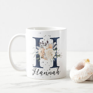 Blommigten Monogram för marinblått Brev H Peach Cr Kaffemugg
