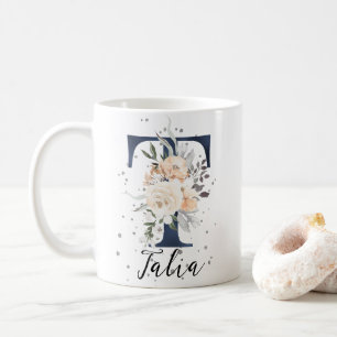 Blommigten Monogram för marinblått Brev T Peach Cr Kaffemugg