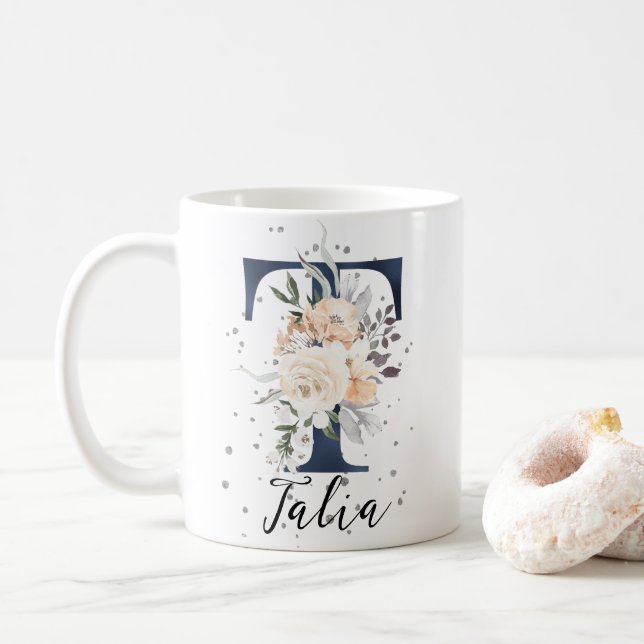 Blommigten Monogram för marinblått Brev T Peach Cr Kaffemugg (Med munk)